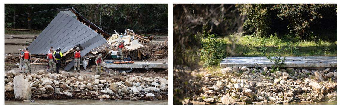 At left, two people and a dog are escorted to a rescue boat in Chimney Rock two days after Helene struck. Almost a year later, nature has started the slow process of healing the landscape.