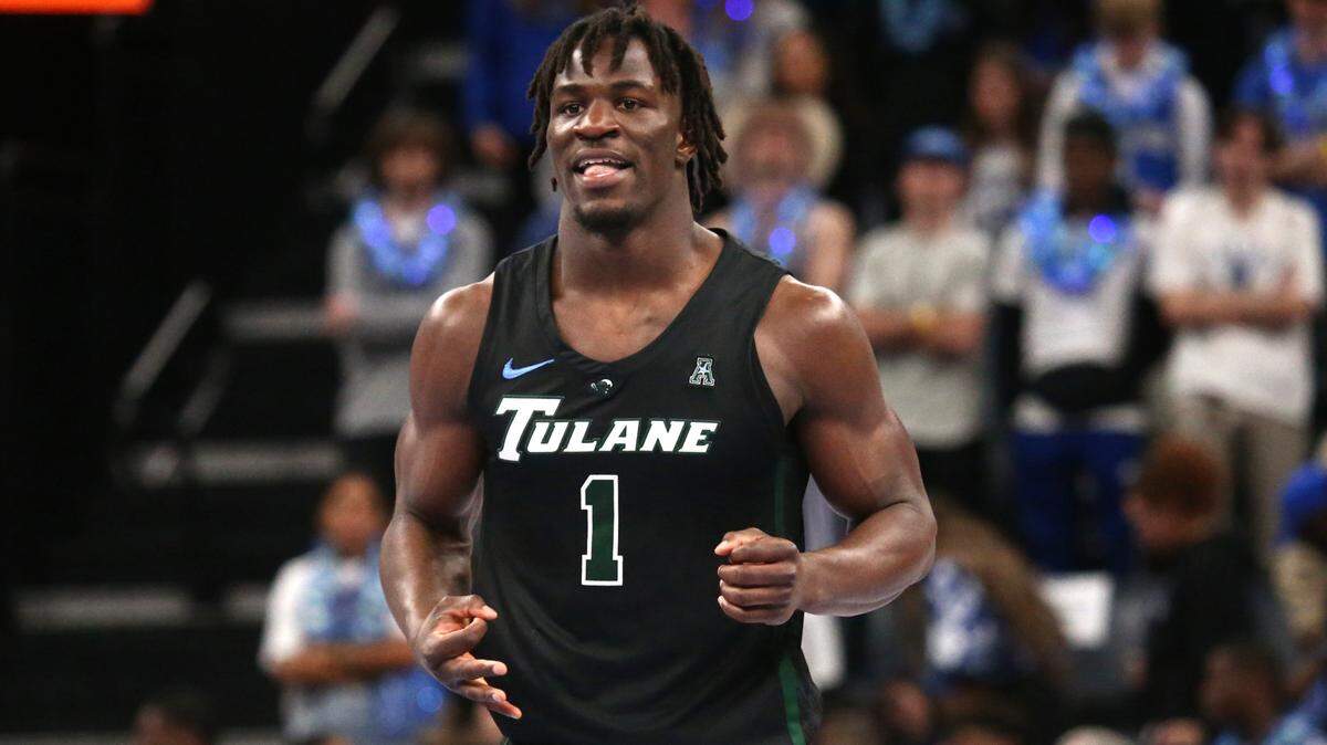 Tulane’s Sion James (1) reacts after making a three point basket during their game against the Memphis Tigers at FedExForum in February, 2024.