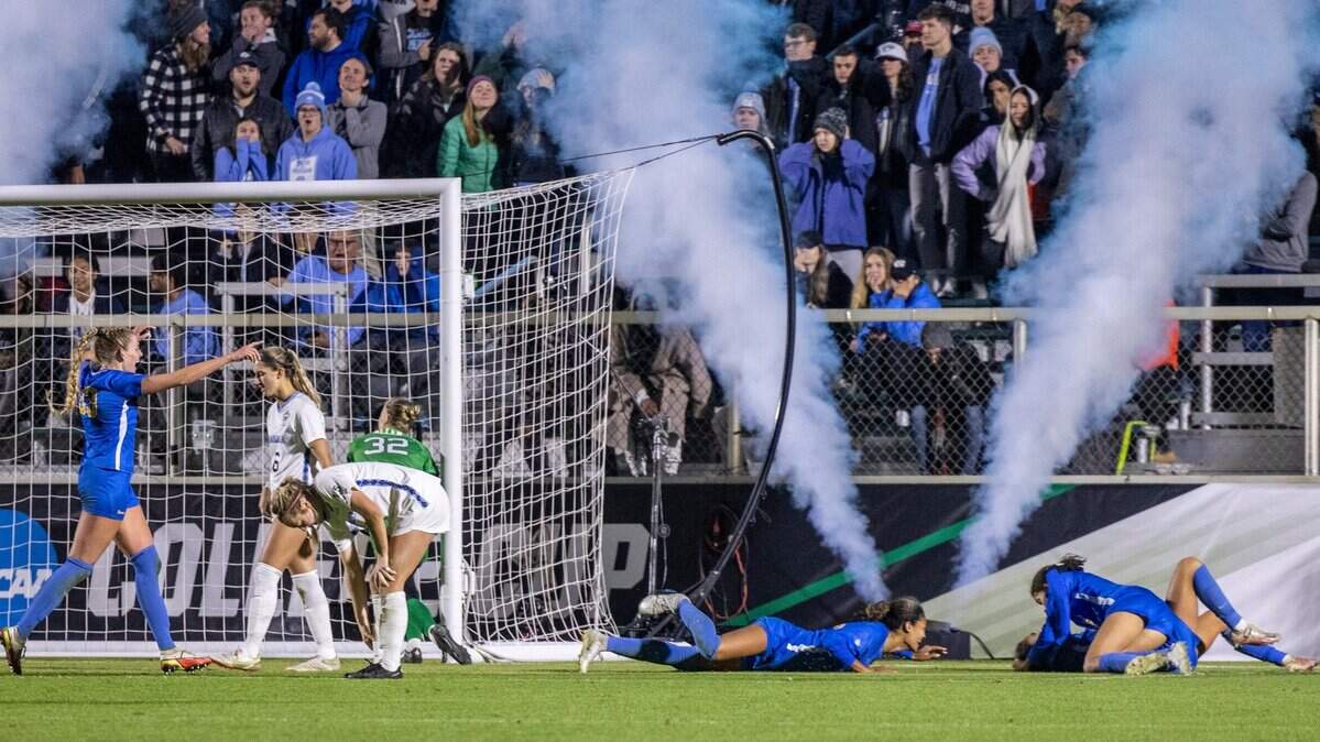 UCLA celebrates their overtime game-winning goal by Maricarmen Reyes (5) against UNC-Chapel Hill during the NCAA Division I Championship at WakeMed Soccer Park in Cary Monday, Dec. 5, 2022.