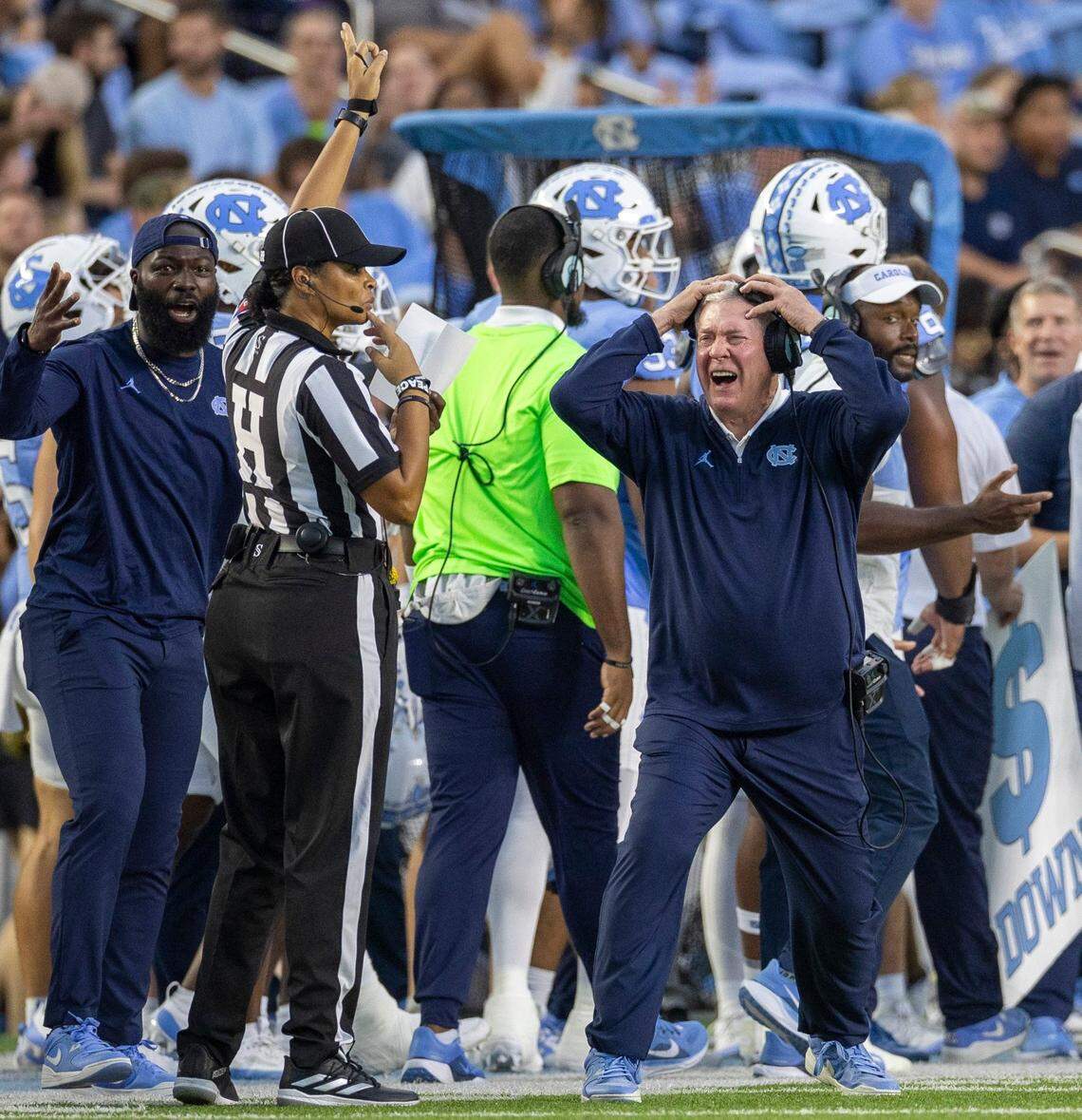 North Carolina coach Mack Brown reacts to a targeting penalty against Desmond Evans in the second quarter against North Carolina Center on Saturday, September 14, 2024 at Kenan Stadium in Chapel Hill, N.C.