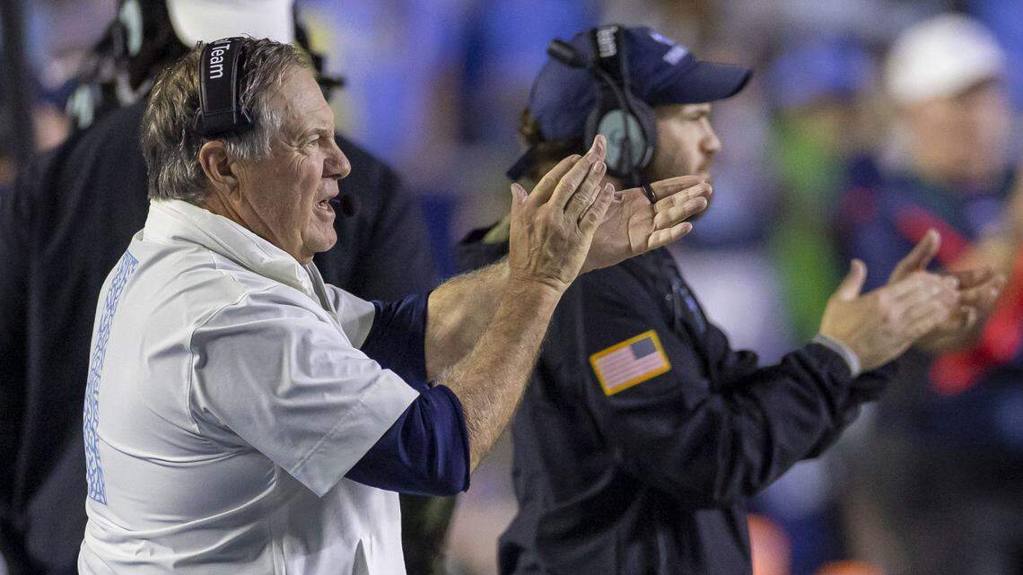 North Carolina coach Bill Belichick applauds his defense after a stop in the fourth quarter against Stanford on Saturday, November 8, 2025 at Kenan Stadium in Chapel Hill, N.C.