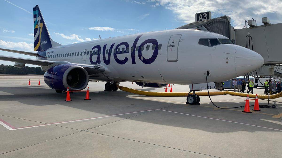 An Avelo Airlines 737 parked at a gate at Raleigh-Durham International Airport’s Terminal 1. Avelo moved its RDU operations to the terminal on Feb. 16, 2023.