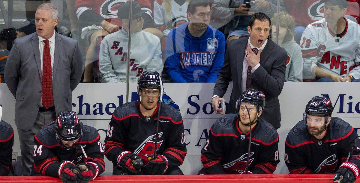 Carolina Hurricanes coach Rod Brind’Amour directs his players early in the third period against the New York Rangers in Game 6 of the second round of the 2024 Stanley Cup playoffs on Thursday, May 16, 2024 at PNC Arena in Raleigh N.C.