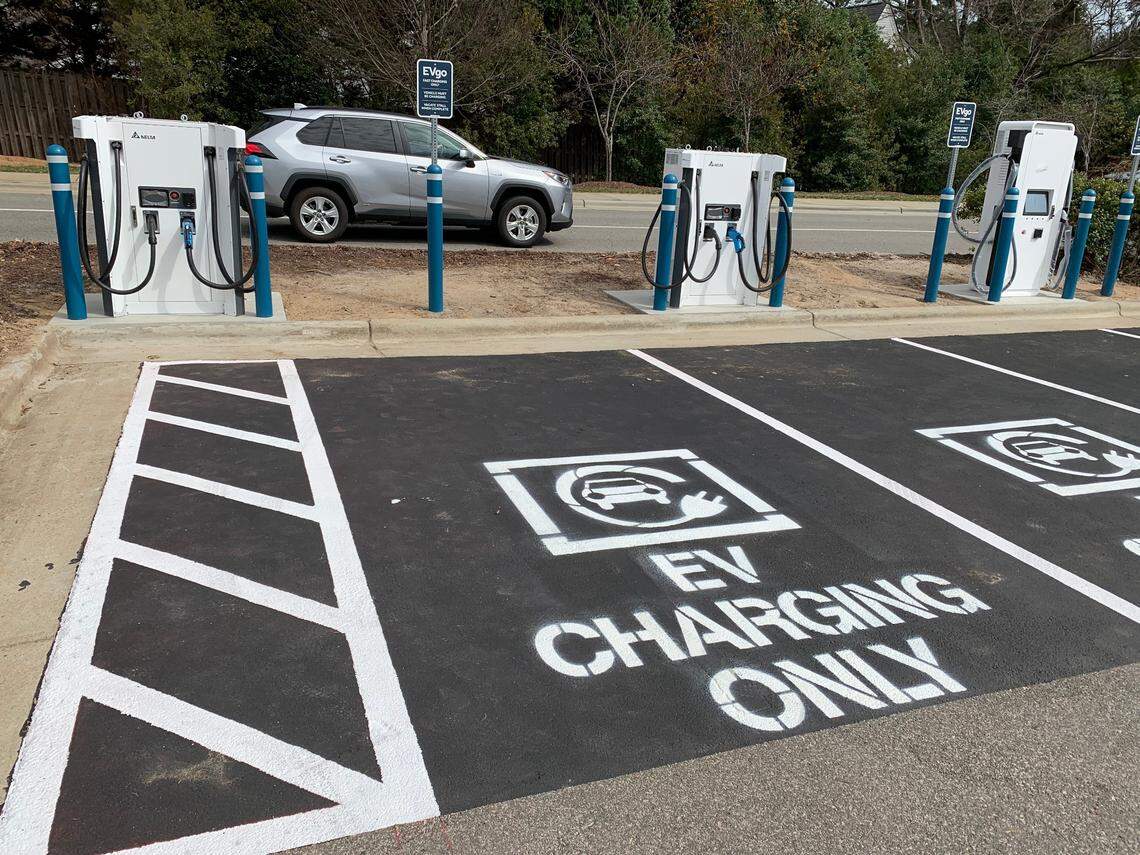 An EVgo charging station that opened in early 2022 in the Ridgewood Shopping Center off Wade Avenue in Raleigh.
