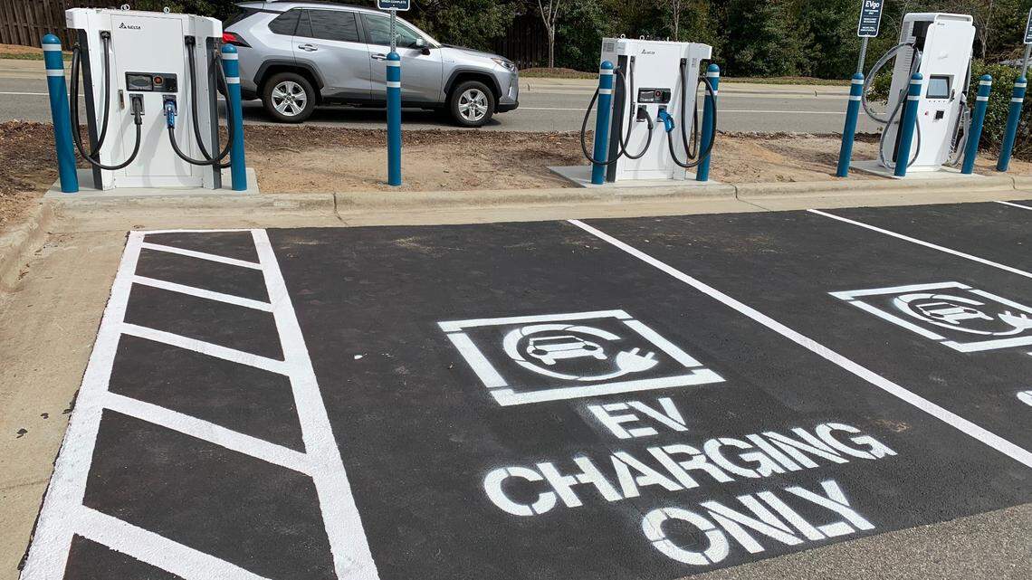 An EVgo charging station that opened in early 2022 in the Ridgewood Shopping Center off Wade Avenue in Raleigh.