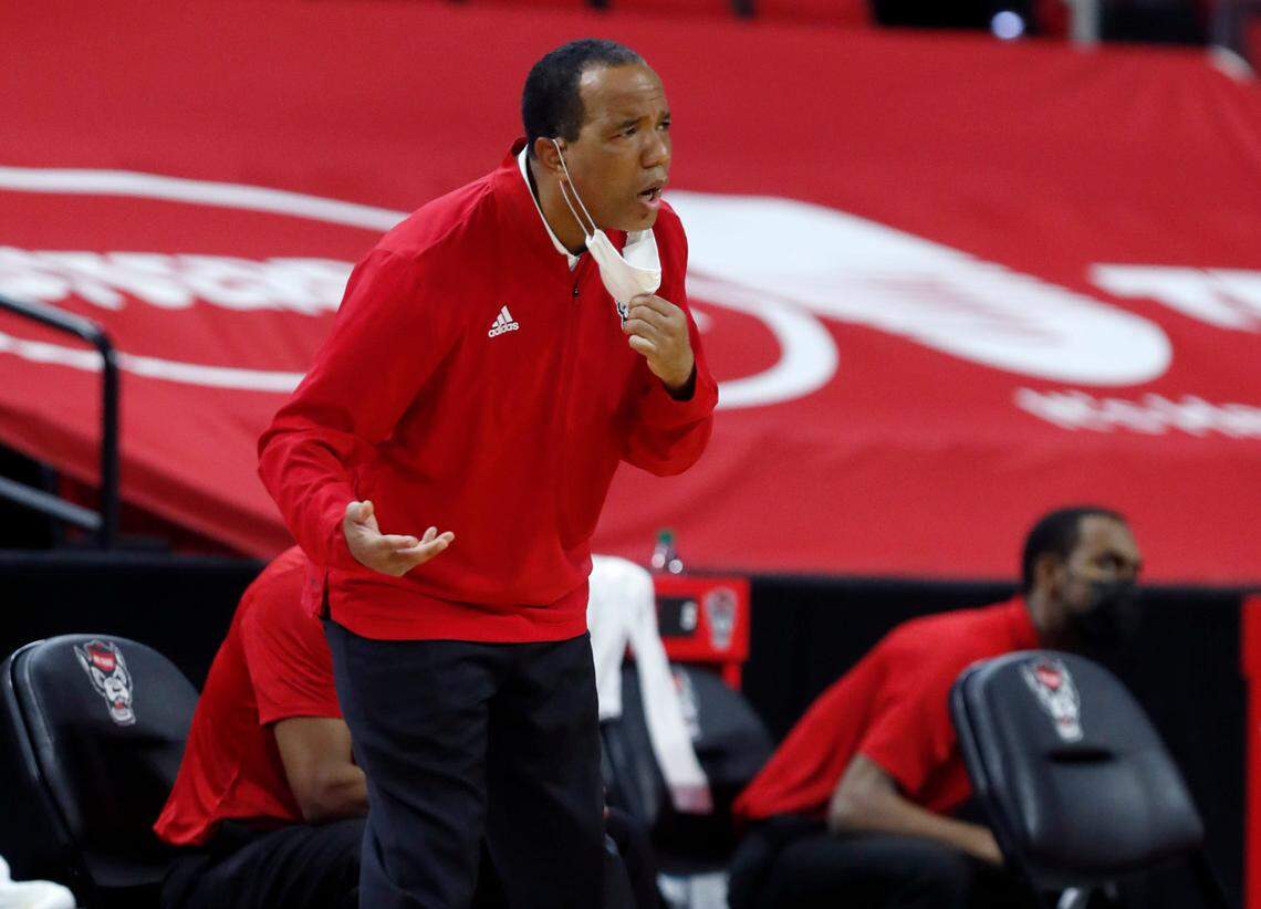 N.C. State head coach Kevin Keatts can’t believe the call during the first half of N.C. State’s game against Miami at PNC Arena in Raleigh, N.C., Saturday, January 9, 2021.