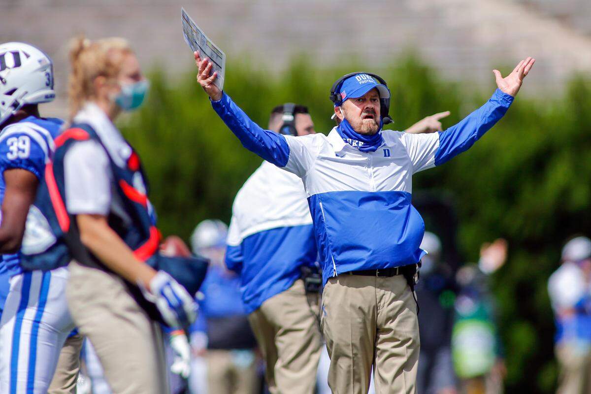 Duke head coach David Cutcliffe reacts after his team was called for a penalty during the first half of an NCAA college football game against Boston College, Saturday, Sept. 19, 2020, in Durham, N.C. (Nell Redmond/Pool Photo via AP)