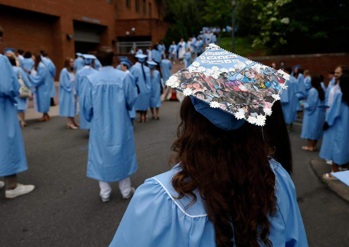 Graduates gather outside of Kenan Stadium prior to UNC-Chapel Hill’s spring commencement ceremony on Sunday, May 14, 2023, in Chapel Hill, N.C.