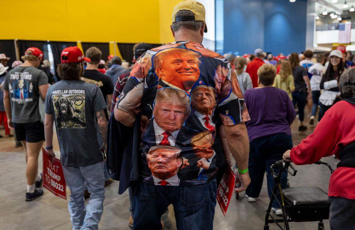 Supporters of Republican presidential nominee, former President Donald Trump, leave the Rocky Mount Event Center following a political rally on October 30, 2024 in Rocky Mount, N.C.