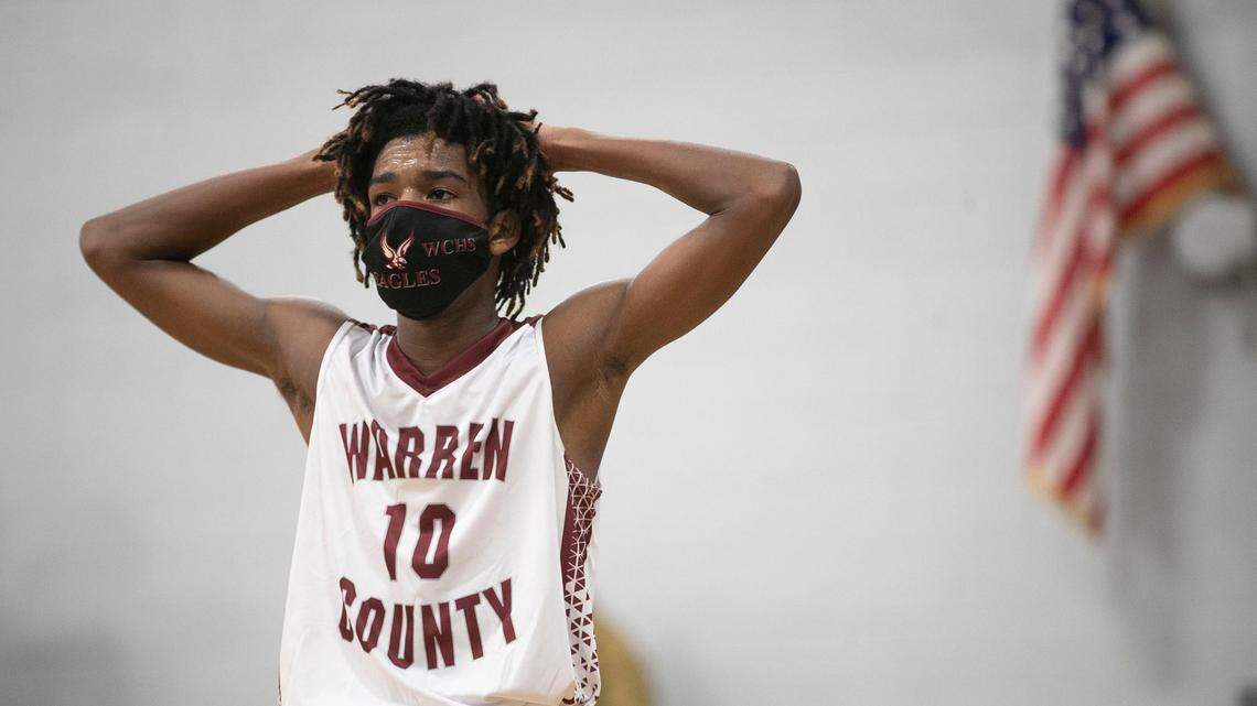 Warren County’s T.J. Williams (10) displays fatigue and frustration as the Eagles fall behind by double digits to Webb High School on Friday, January 29, 2021 in Warrenton, N.C.