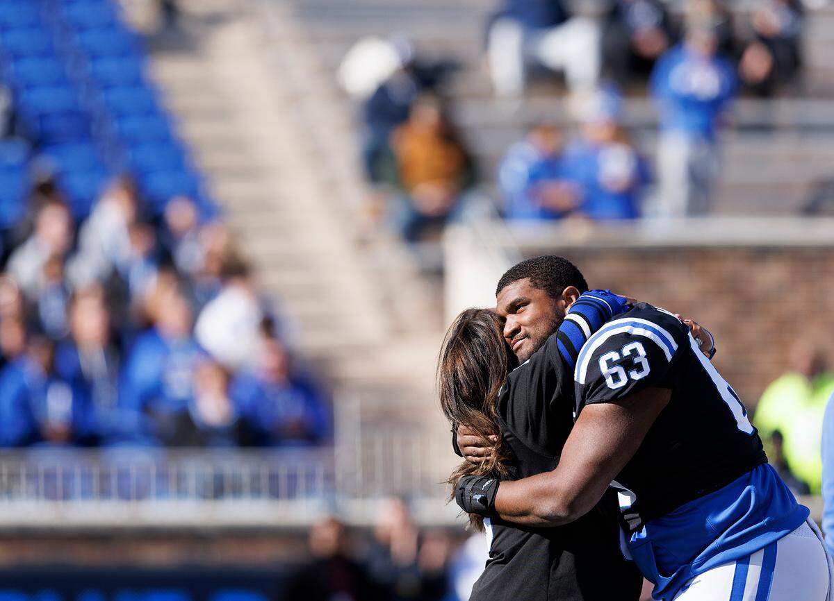 Duke’s Jacob Monk is honored during a Senior Day ceremony prior to the Blue Devils’ game against Pittsburgh on Saturday, Nov. 25, 2023, at Wallace Wade Stadium in Durham, N.C.