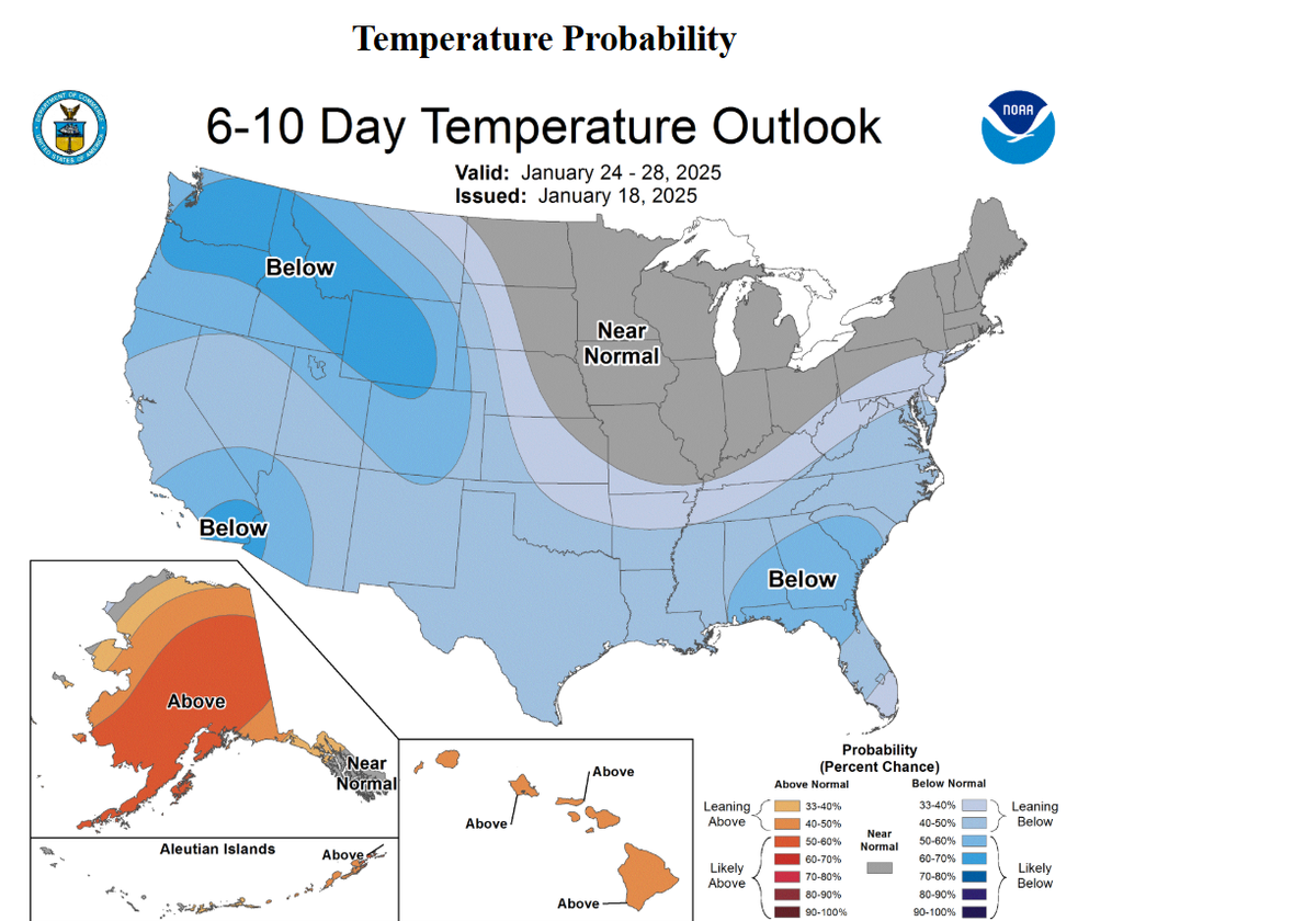 The National Weather Service 6-10 day Temperature Outlook map showing the probability of temperatures “leaning below” normal for North Carolina for Jan. 24-28, issued Jan. 18, 2025.
