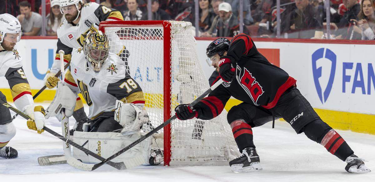 Carolina Hurricanes center Logan Stankoven (22) scores in the third period, to cut the Vegas lead to 2-1, in Game 2 of the Stanley Cup Final, on Thursday, June 4, 2026 at Lenovo Center in Raleigh, N.C.