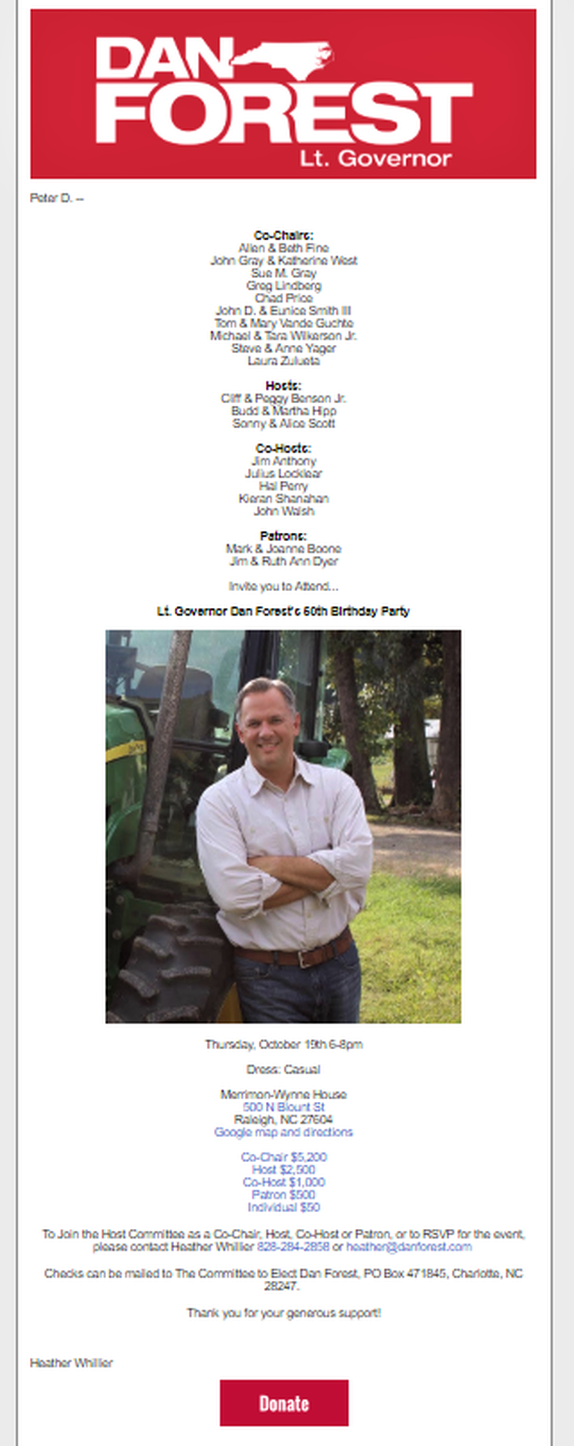 An email invitation to an event to celebrate Dan Forest’s 50th Birthday party hosted by the Committee to Elect Dan Forest. Greg Lindberg is listed as a co-chair.