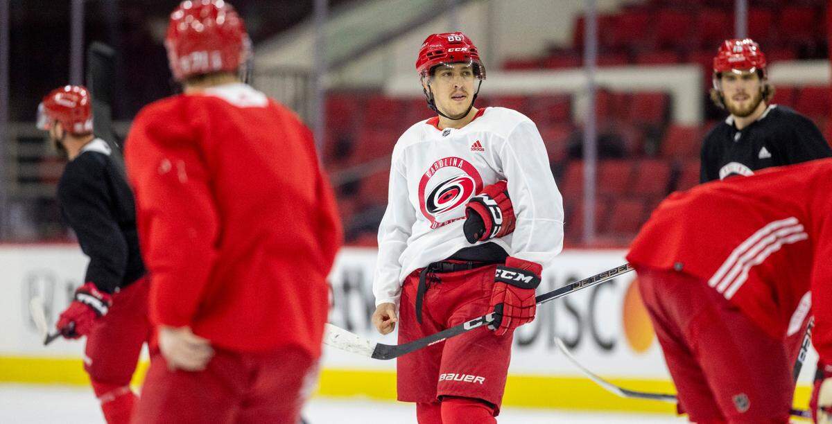 The Carolina Hurricanes Teuvo Teravainen (86) skates with his teammates during practice on Monday, May 15, 2023 at PNC Arena in Raleigh, N.C. Teravainen has returned to practice as he recovers from a broken hand.
