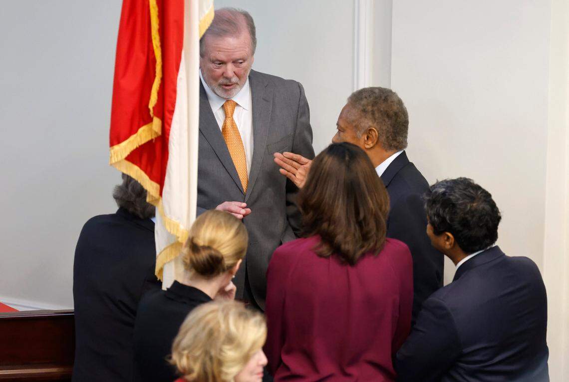 President Pro Tempore Phil Berger confers with Sen. Dan Blue during early debate on Senate SB 20, the “Care for Women, Children, and Families Act,” at the N.C. Legislature in Raleigh, N.C. Thursday, May 4, 2023.