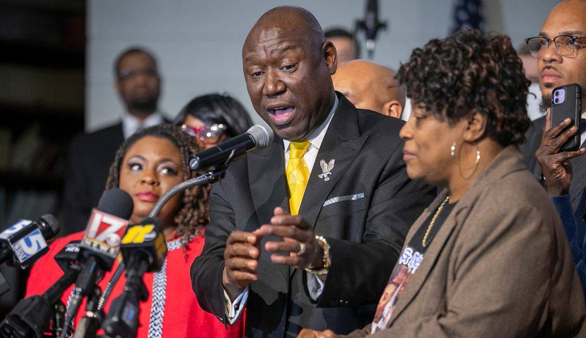 Civil rights attorney Ben Crump speaks a press briefing on the death of Darryl Williams on Thursday, February 16. 2023 at Mount Peace Baptist Church in Raleigh, N.C. Williams was tased by Raleigh police in January. Crump has been retained by the Williams family, calling for the officers involved to be charged with manslaughter.