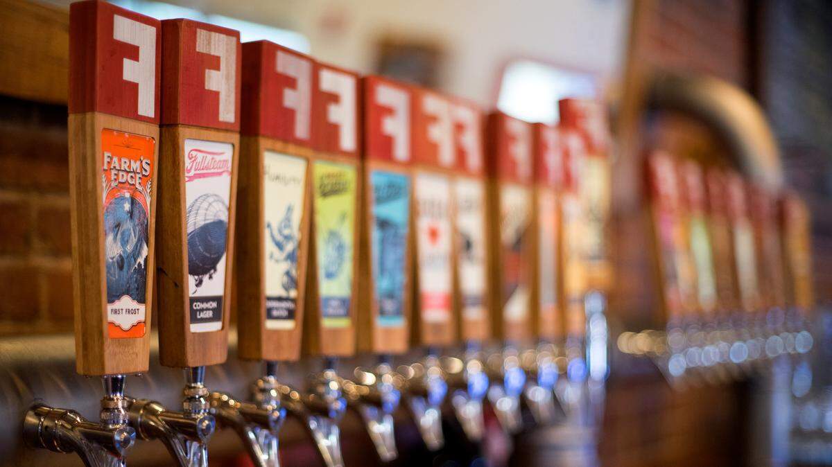 A line of taps at Fullsteam Brewery in Durham, N.C.. Fullsteam recently collected a Good Food Award for its One Hefeweizen beer.