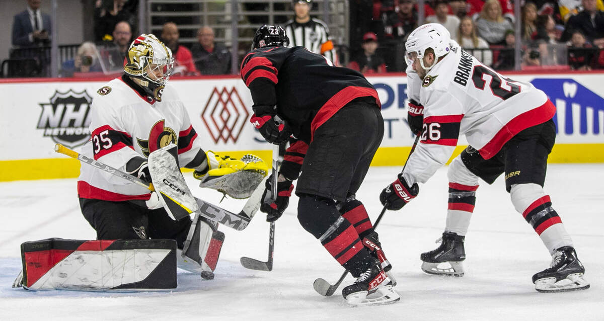 Carolina Hurricanes’ Stefan Noesen (23) tries to score on Ottawa goalie Leevi Merilainen (35) during the first period on Tuesday, April 4, 2023 at PNC Arena in Raleigh, N.C.