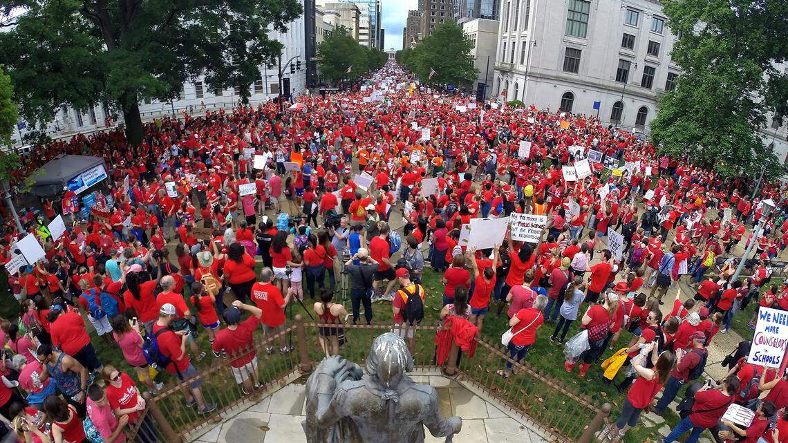 Thousands of teachers crowd Fayetteville Street as it dead ends into the State Capitol building in Raleigh on  May 16, 2018 a during the  “March for Students and Rally for Respect,” the largest act of organized teacher political action in state history.