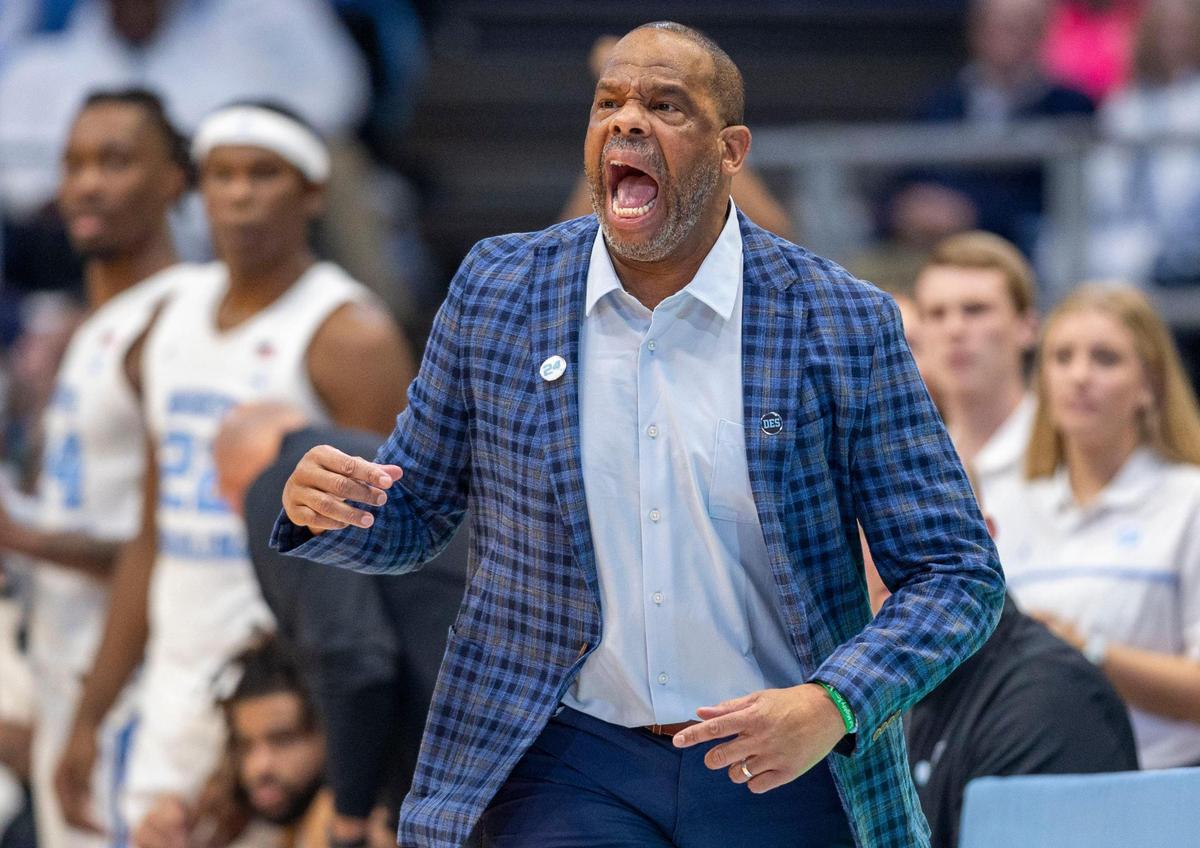 North Carolina coach Hubert Davis yells instructions to his team in the first half against American University on Friday, November 15, 2024 at the Smith Center in Chapel Hill, N.C