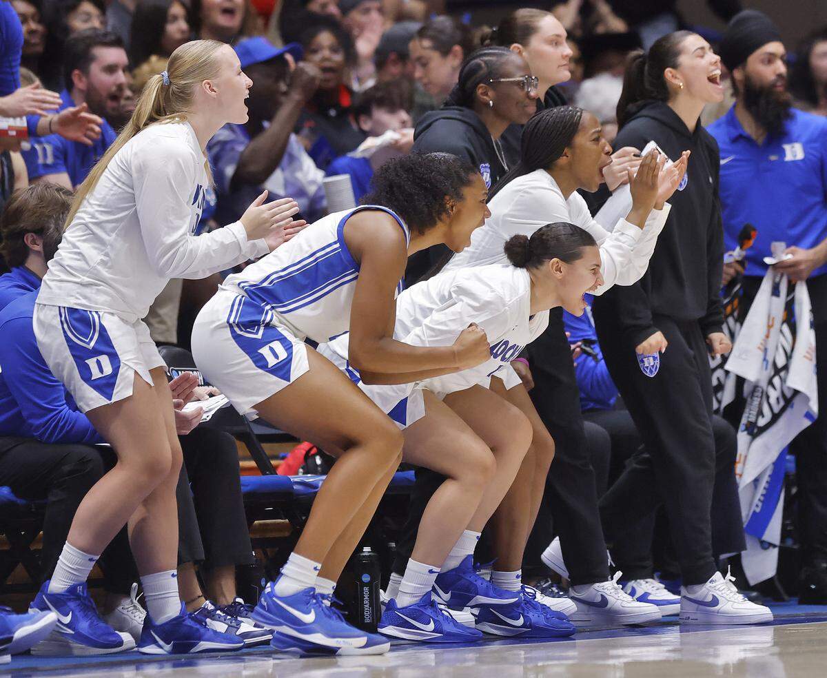 The Duke bench reacts during the first half of the Blue Devils’ 69-46 second-round NCAA Tournament win over Baylor on Sunday, March 22, 2026, at Cameron Indoor Stadium in Durham, N.C.