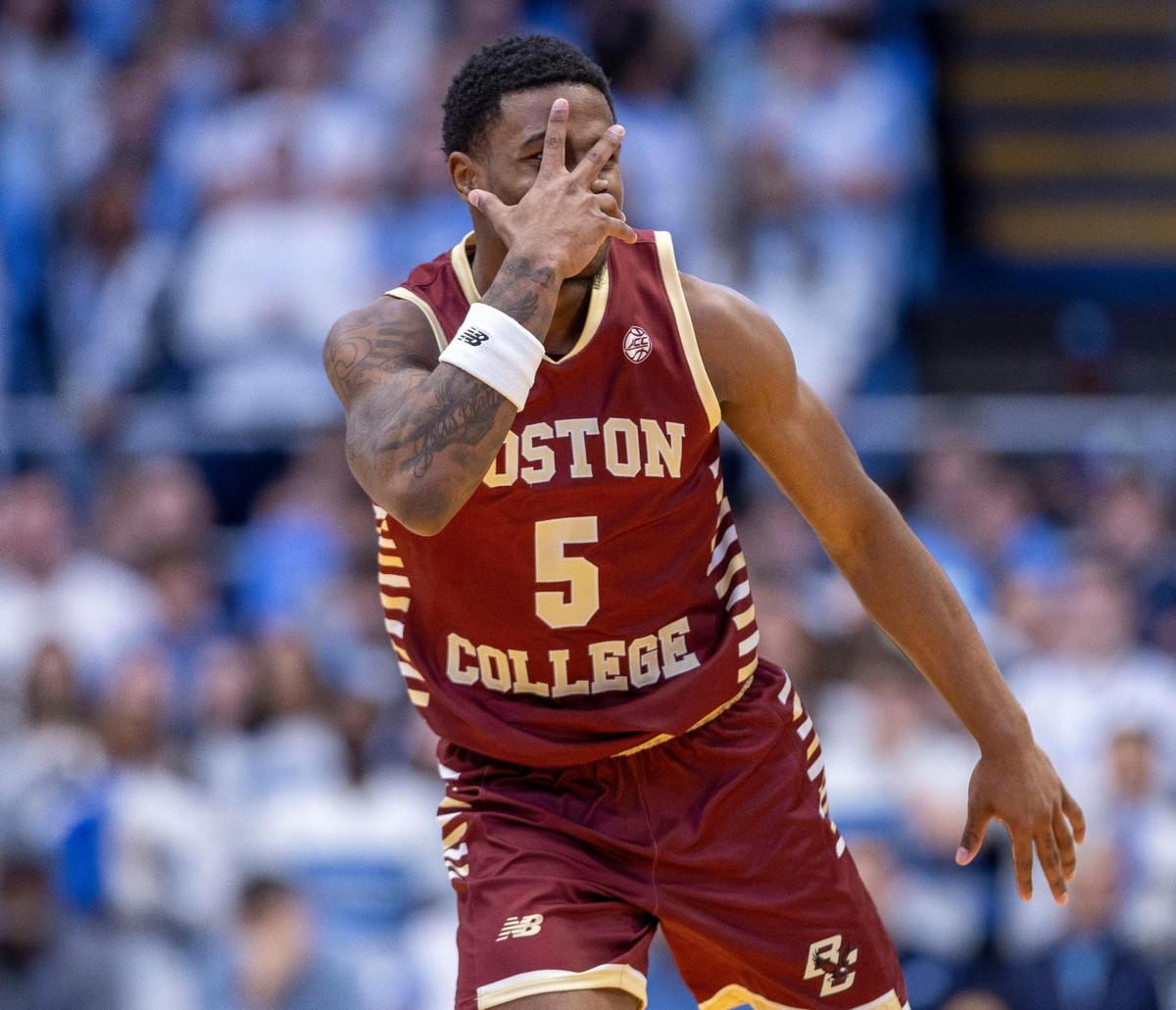 Boston College guard Fred Payne (5) reacts after sinking a three-point basket to take as a four point lead over North Carolina in the first half on Saturday, January 25, 2025 at the Smith Center in Chapel Hill, N.C.