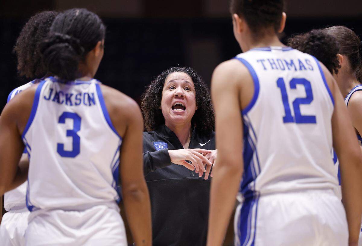 Duke head coach Kara Lawson speaks with her team during the second half of the Blue Devils’ 83-65 win over N.C. State on Thursday, Feb. 19, 2026, at Cameron Indoor Stadium in Durham, N.C. 