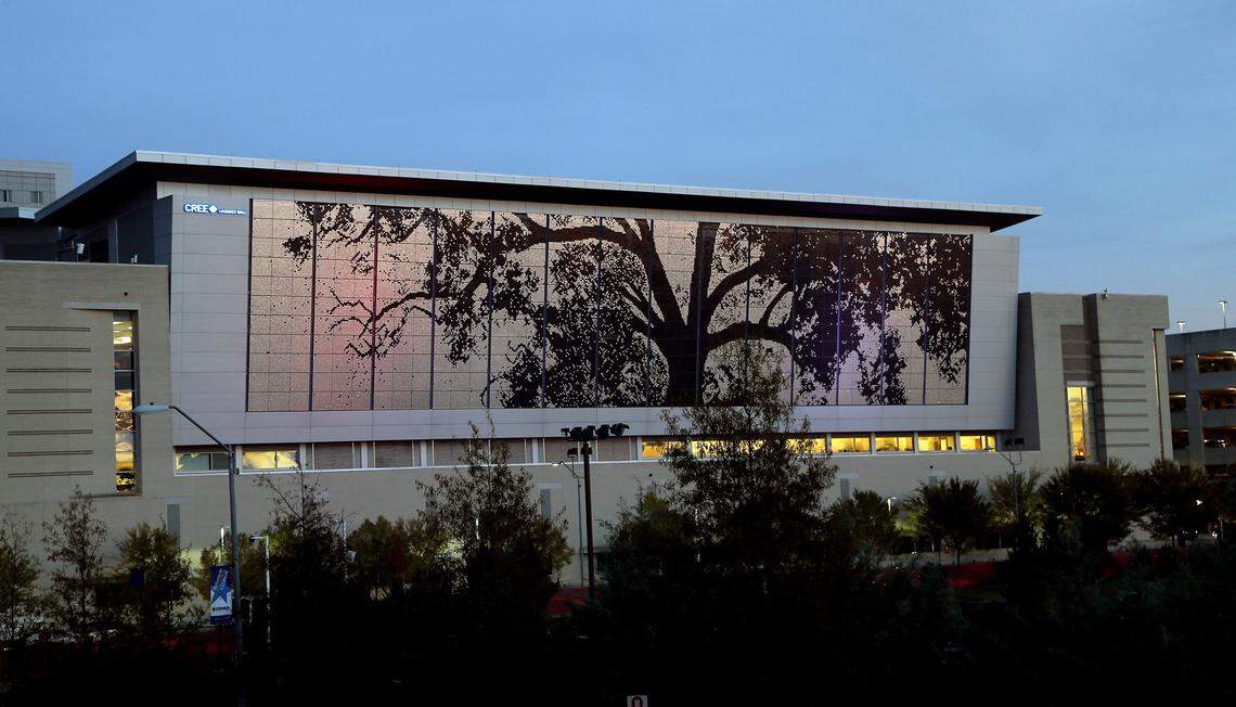 The Raleigh Convention Center, at right, and the Shimmer Wall, seen Nov. 16, 2015 were designed by Clearscapes architecture firm.