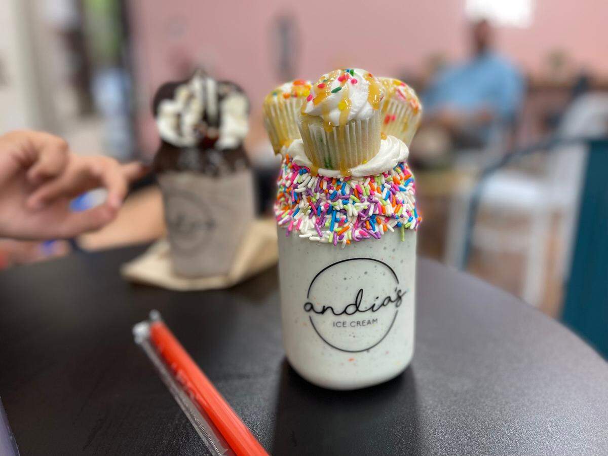 Andia’s Homemade Ice Cream serves Instagrammable milkshakes, including this one called the Batter Up that’s made with cake batter ice cream, whipped topping and rainbow sprinkles. It’s topped with three mini cupcakes and a caramel drizzle.