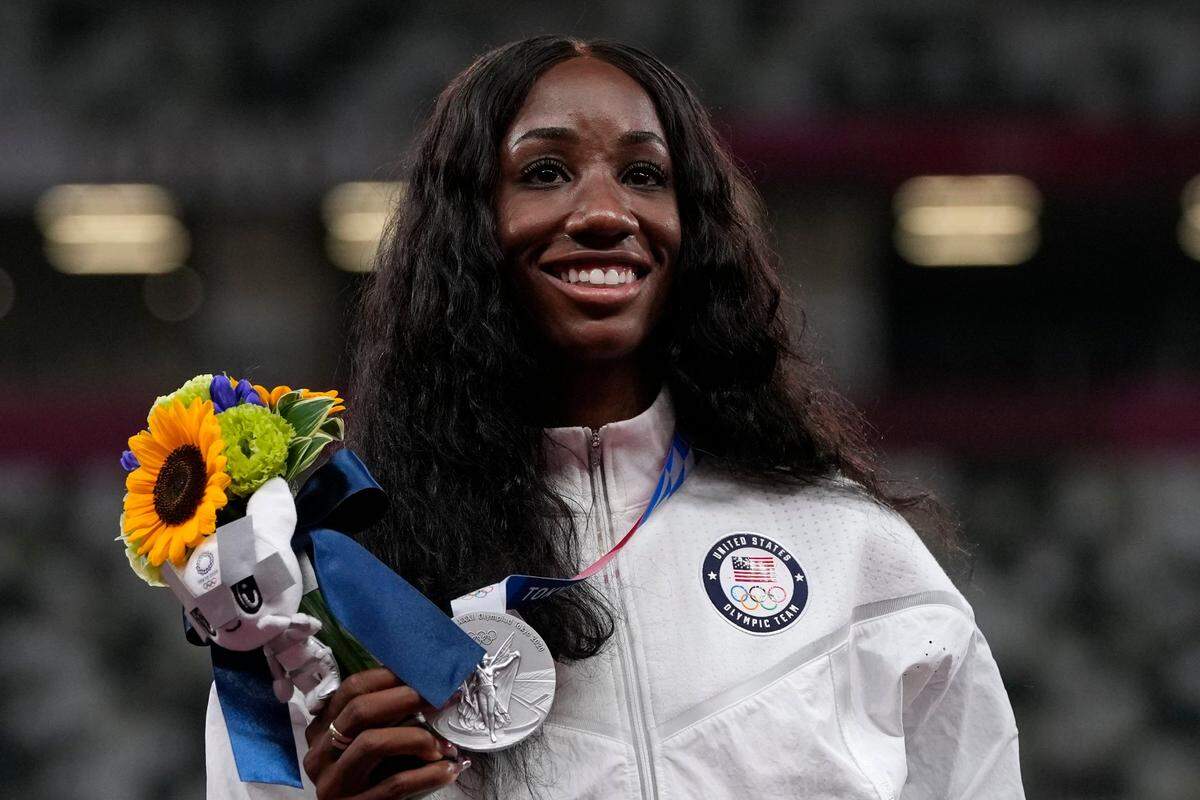 Kendra Harrison of the United States, poses with her silver medal for the women’s 100-meters hurdles final at the 2020 Summer Olympics, Monday, Aug. 2, 2021, in Tokyo.