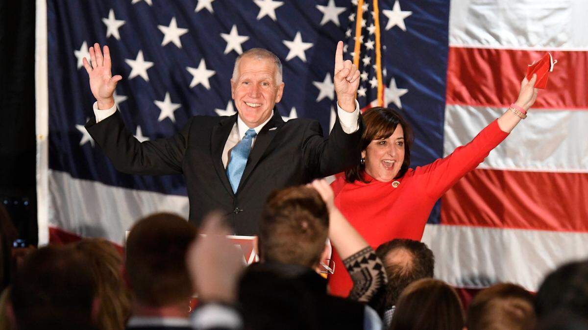 U.S. Sen. Thom Tillis of North Carolina and wife Susan wave after winning re-election during an election return party at Langtree Plantation in Mooresville, NC on Tuesday, November 3, 2020