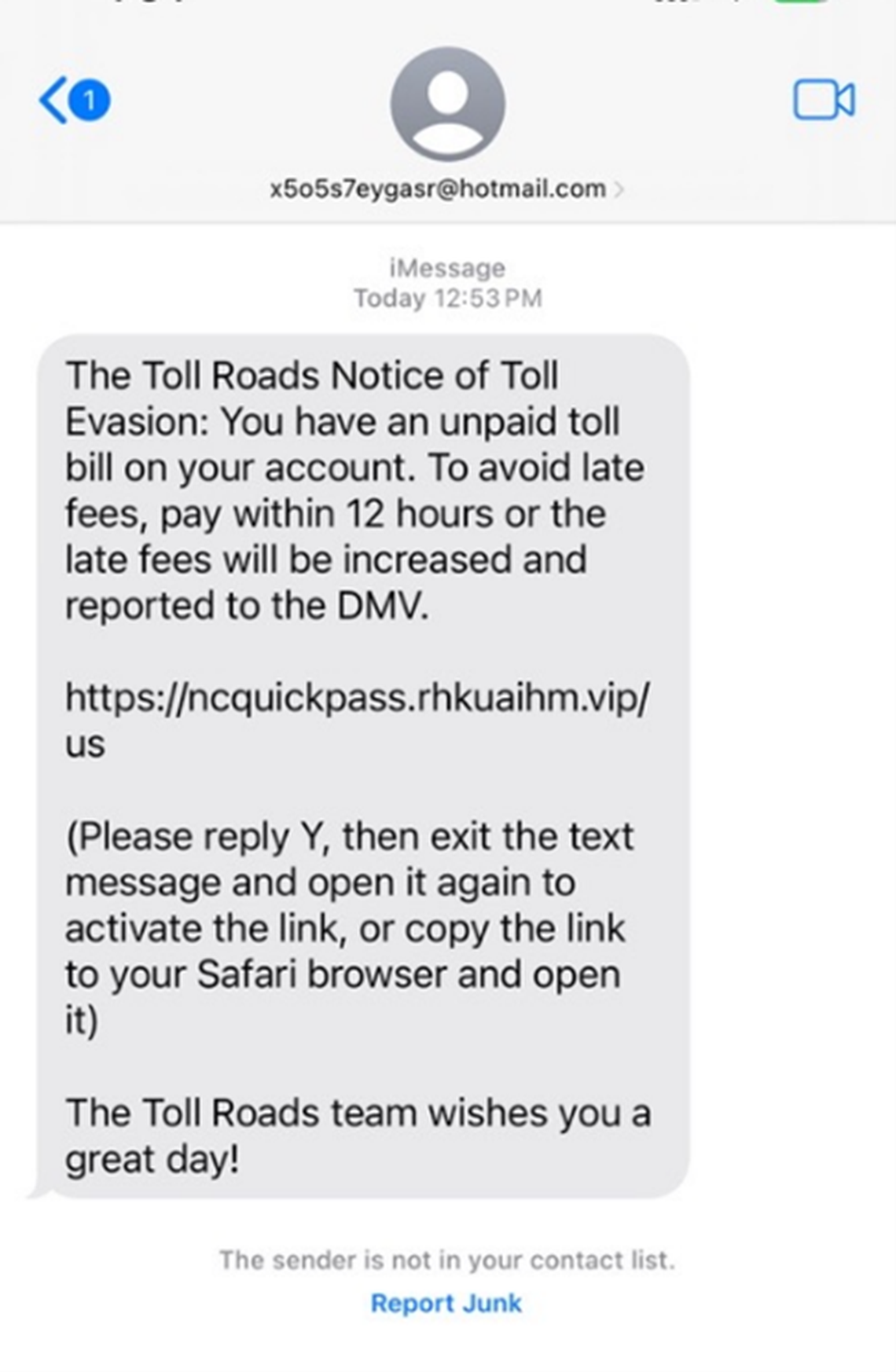 An example of a scam text message telling people they have unpaid highway tolls.