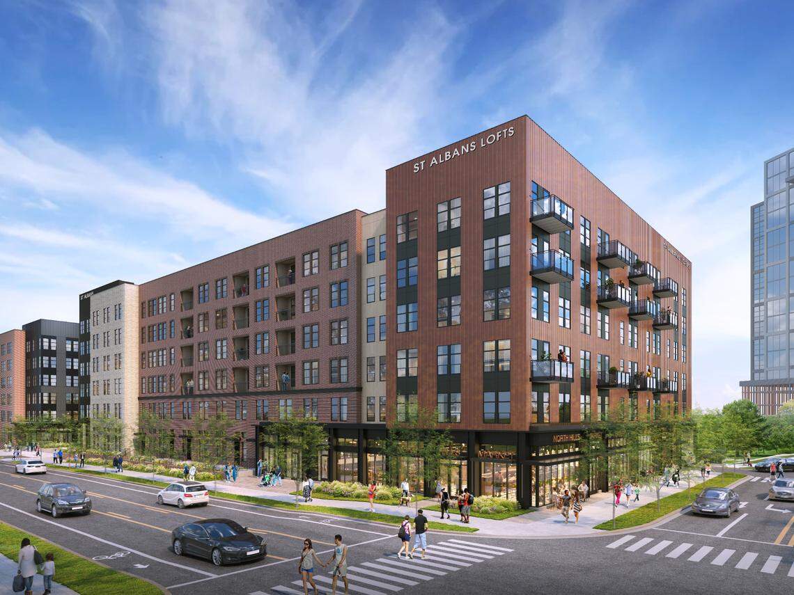 A rendering of St. Albans Lofts, a six-story residential building on the corner of St. Albans Drive and the Hardimont extension, in North Hills’ Innovation District.