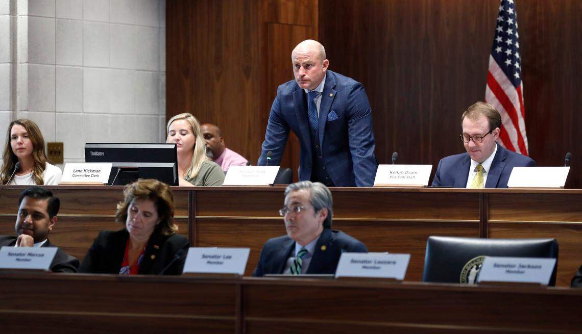 Sen. Danny Earl Britt, center, presides over a Senate Judiciary hearing about Senate Bill 711, the N.C. Compassionate Care Act, at the Legislative Building in Raleigh, N.C., Wednesday, June 30, 2021.