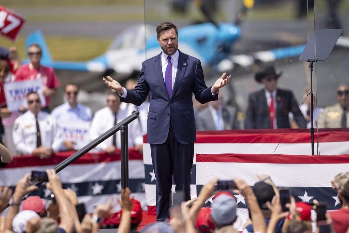 Sen. JD Vance, former President Donald Trump’s running mate, takes the stage during a rally at the North Carolina Aviation Museum & Hall of Fame in Asheboro, NC on Wednesday, Aug. 21, 2024.