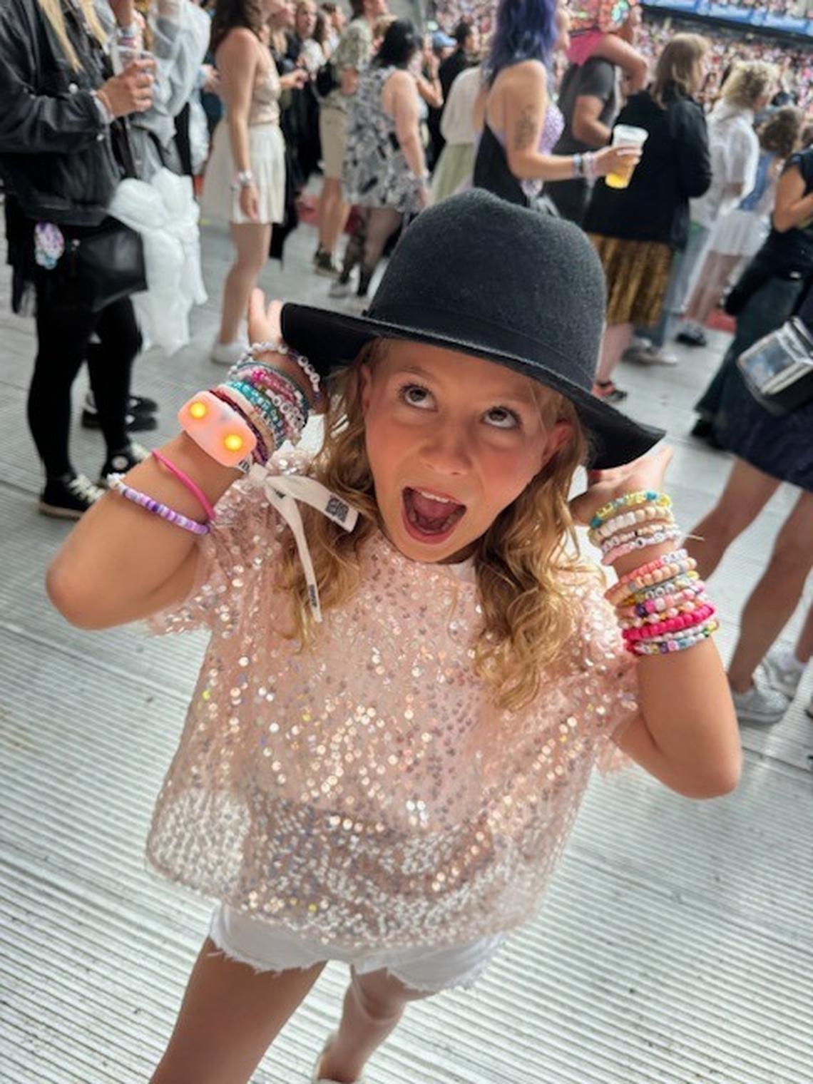 Lucia Nova Hugelmeyer was invited to the front of the stage at Taylor Swift’s Eras Tour stop in Hamburg, Germany on July 23, 2024. Swift gave the Chapel Hill, NC girl a hat during “22.”
