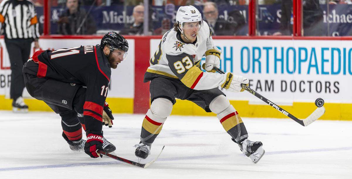 Carolina Hurricanes captain Jordan Staal (11) works to defend Las Vegas right wing Mitch Marner (93) in the second period during Game 1 of the Stanley Cup Finals, on Tuesday, June 2, 2026 at Lenovo Center in Raleigh, N.C.