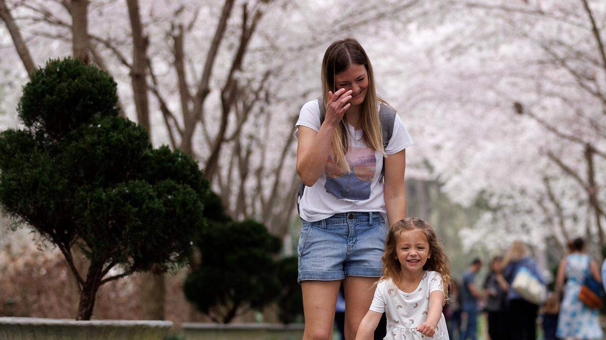 Grace Aliyev, 2, smiles while running through the cherry blossoms with her mother, Danyelle Aliyev, on Friday, March 15, 2024, at Duke Gardens in Durham, N.C. 