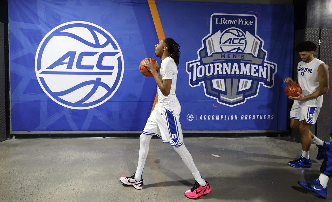Duke’s Isaiah Evans heads out to warmup before Duke’s game against Clemson in the semifinals of the 2026 ACC Men’s Basketball Tournament at the Spectrum Center in Charlotte, N.C., Friday, March 13, 2026.
