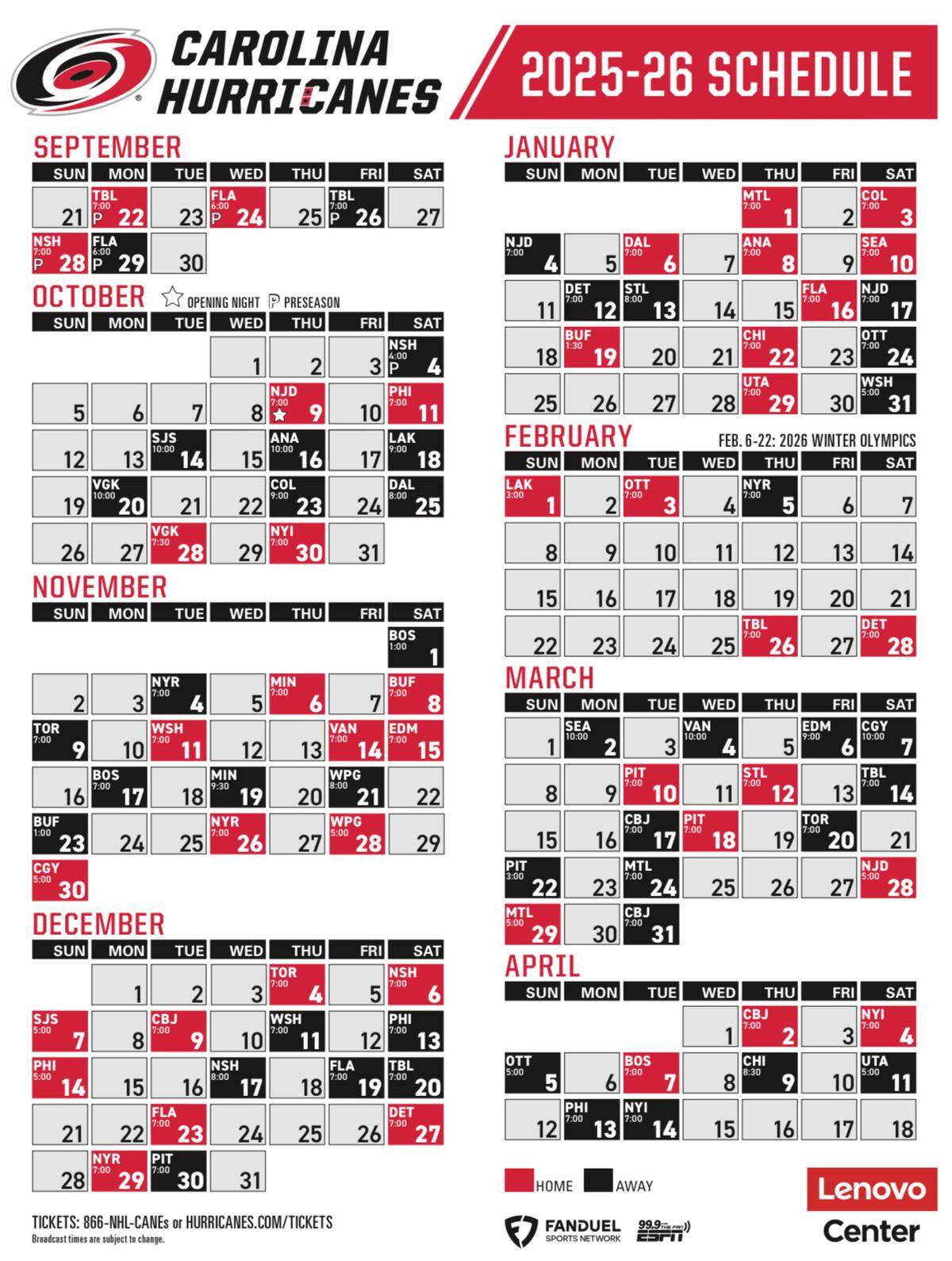 The 2025-26 Carolina Hurricanes NHL schedule.