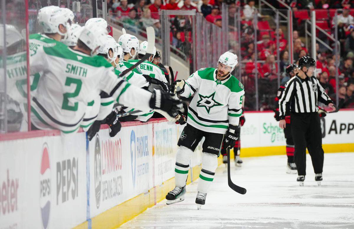 Dallas Stars center Tyler Seguin (91) celebrates his goal against the Carolina Hurricanes during the first period at Lenovo Center.