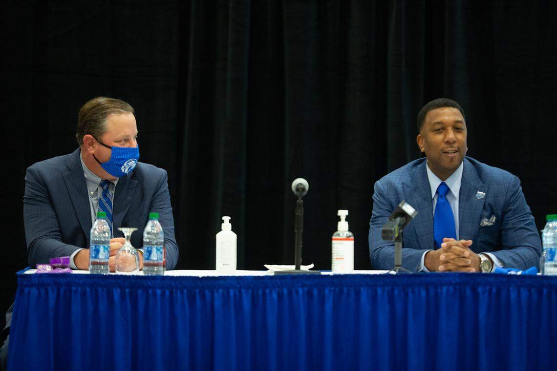Chairman of the Fayetteville State University Board of Trustees Stuart Augustine and newly-elected Chancellor Darrell Allison take questions at a press conference on campus Thursday, Feb. 18, 2021.