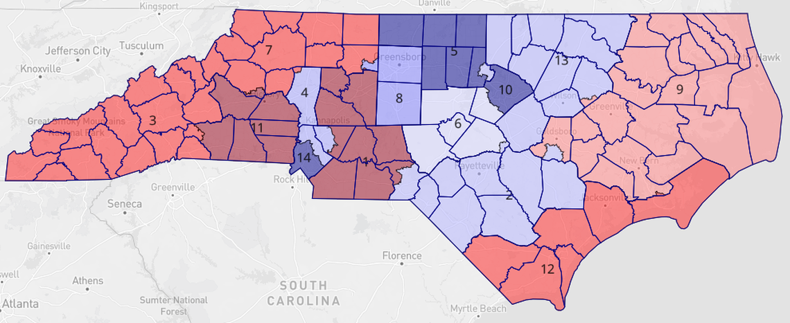 A map showing the hypothetical partisan lean of North Carolina’s 14 US House seats in a map proposed by the NCLCV in the 2022 gerrymandering lawsuit, based on data from the website Dave’s Redistricting App.