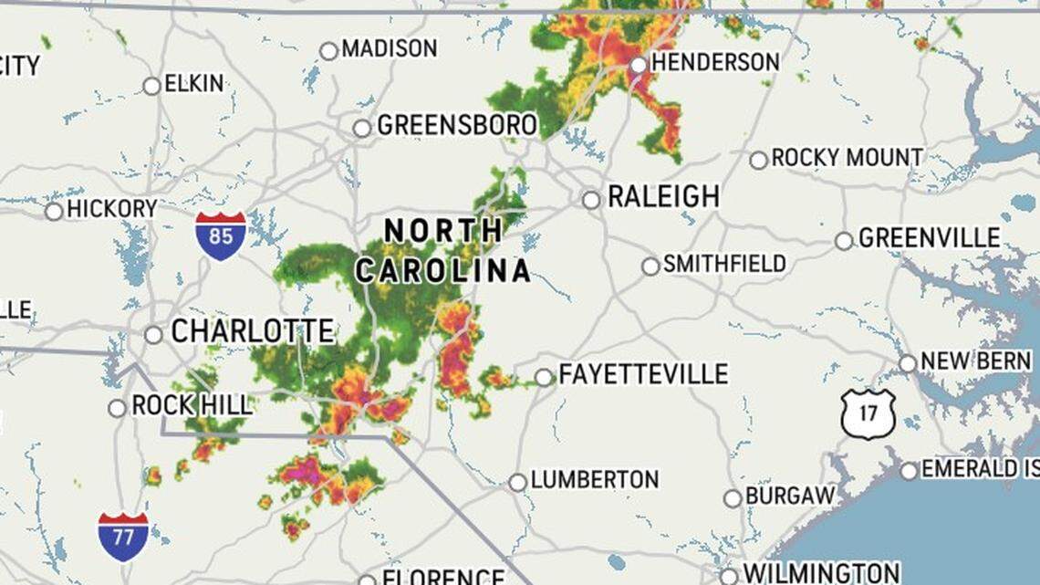 A line of thunderstorms was crossing central North Carolina Saturday evening.