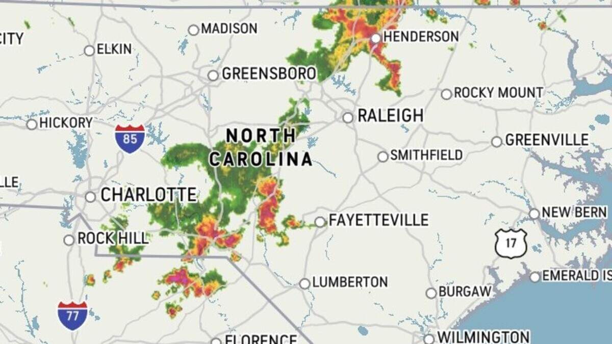 A line of thunderstorms was crossing central North Carolina Saturday evening.
