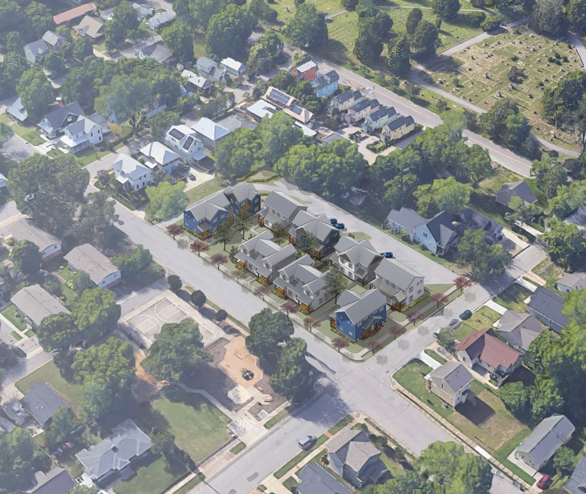 An aerial view of Cottages of Idlewild, Raleigh’s first affordable “cottage court,” at 907 E. Lane Street.