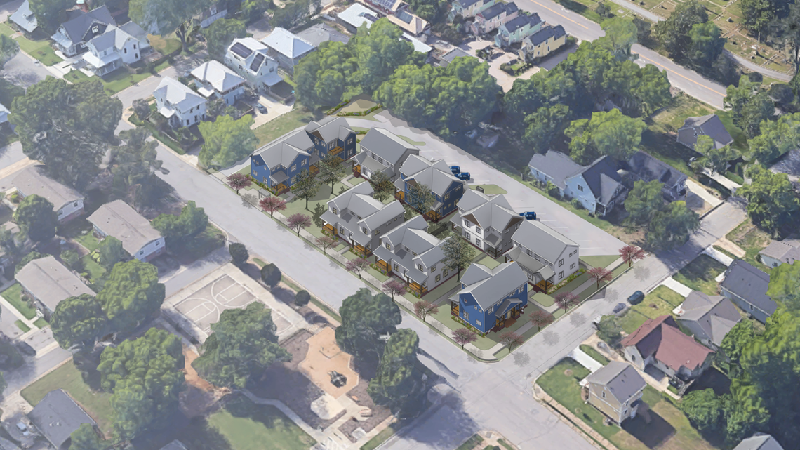 An aerial view of Cottages of Idlewild, Raleigh’s first affordable “cottage court,” at 907 E. Lane Street.
