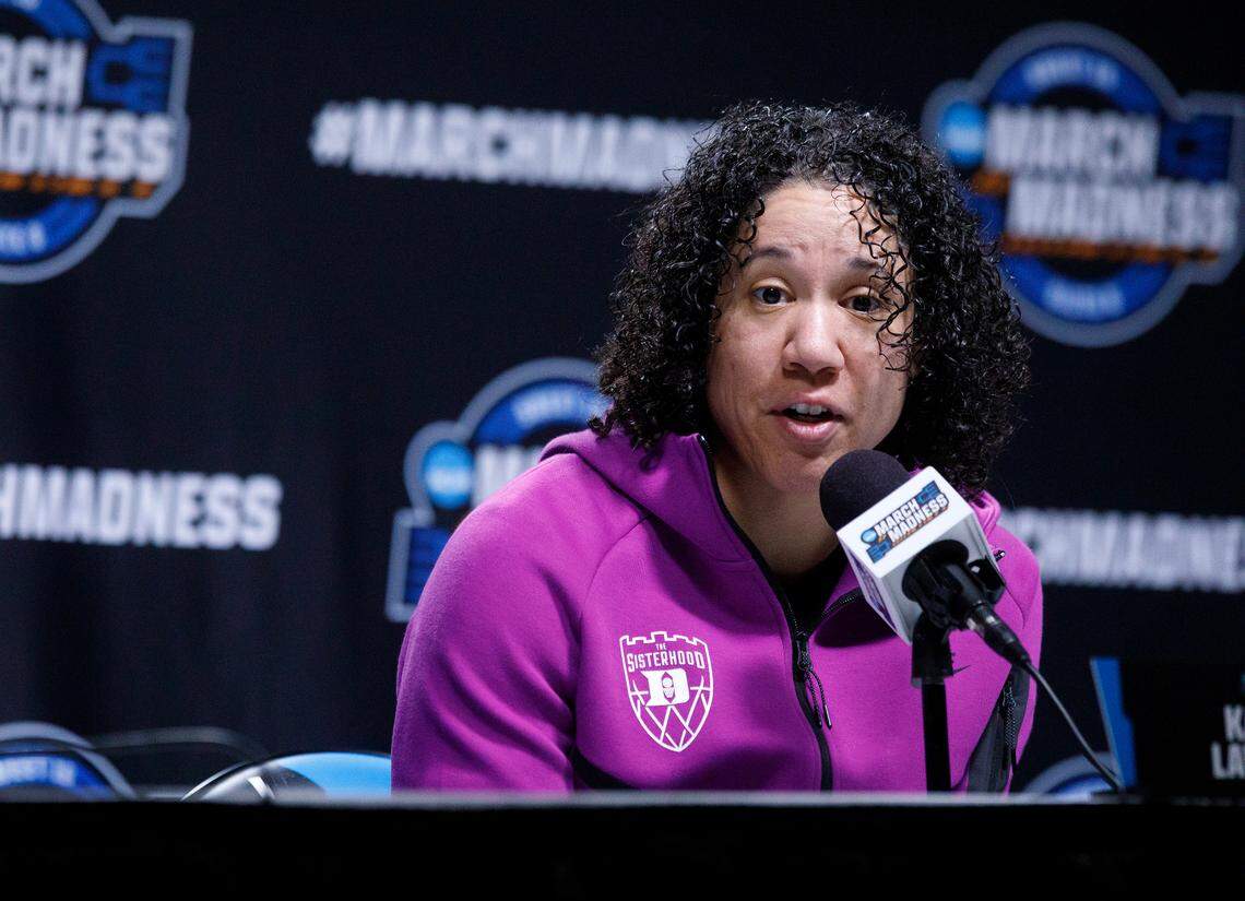 Duke head coach Kara Lawson answers questions from media at Legacy Arena on Saturday, March 29, 2025, in Birmingham, Ala. Duke will face South Carolina in the NCAA Tournament Elite Eight on Sunday.
