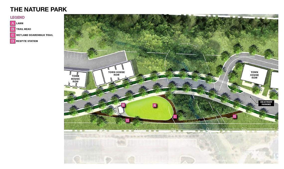 The “Nature Park” area in Lullwater Park would be nestled among stream buffers and utility easements cutting through the 45-acre site. It would feature a linear park and trail connecting The Hub, The Green and a central “Nature Park” areas, and could have three-story apartments and townhouses.&nbsp;